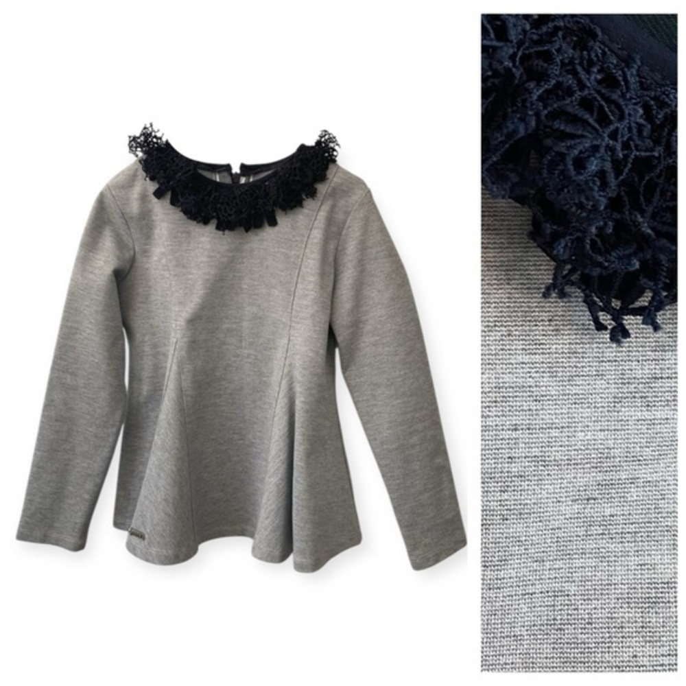 Pan Con Chocolate Gray Navy Blue Frill Collar Long Sleeve Top 5t